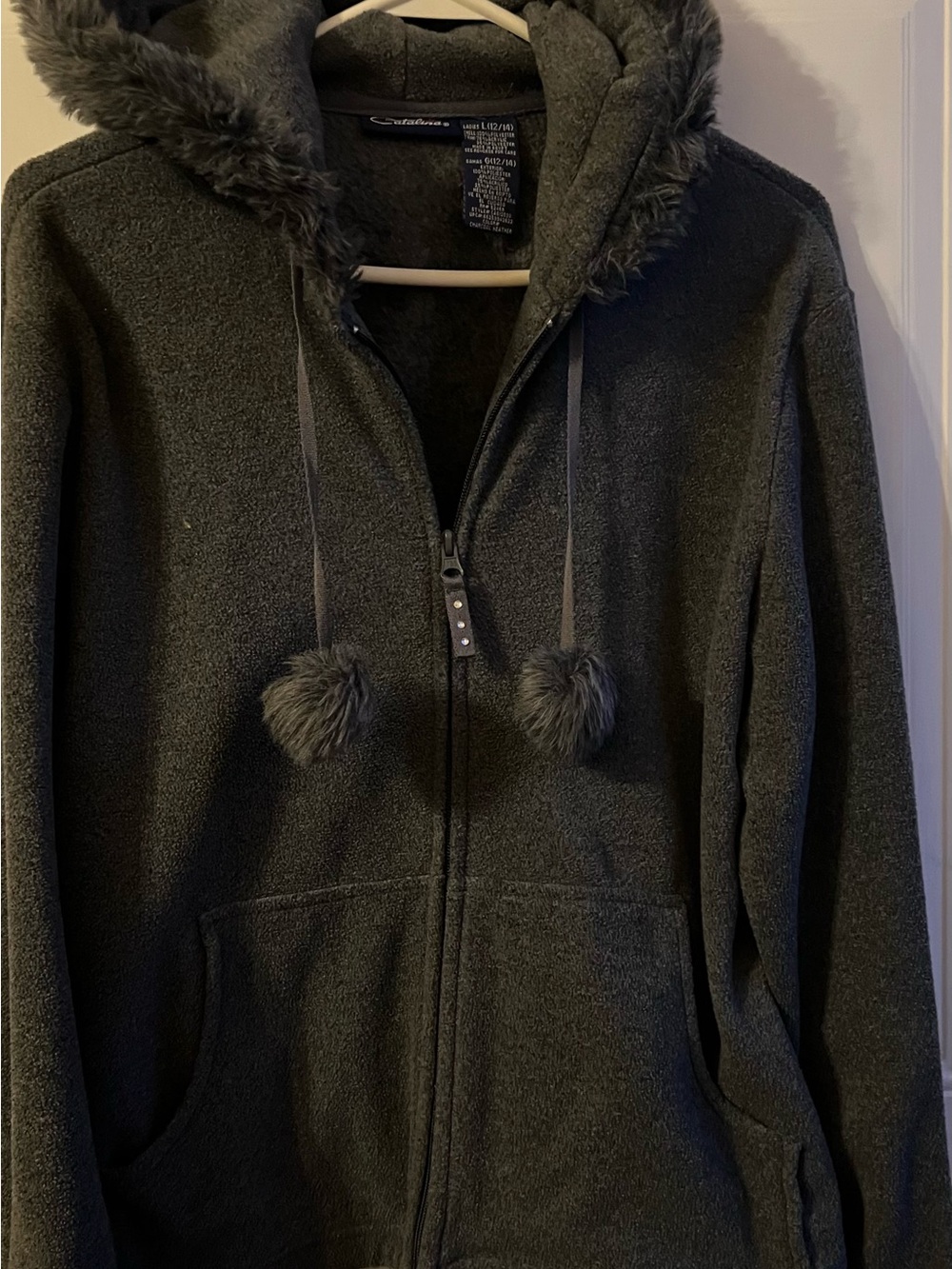 Cuddl Duds Dark Gray Plush Zip Hoodie with Pom-Pom Drawstrings